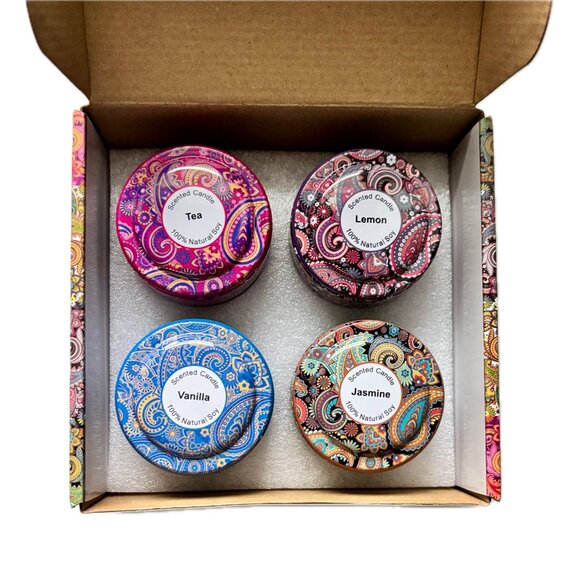 Scented Candles Gift Set Home Aromatherapy 4 Decorative Tins Mini Soy Candles - Picture 3 of 9